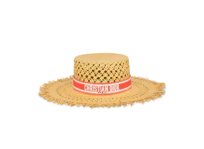 Dior Dioriviera Naughtily-D Small Brim Hat Straw with Embroidered Band "Coral/White"