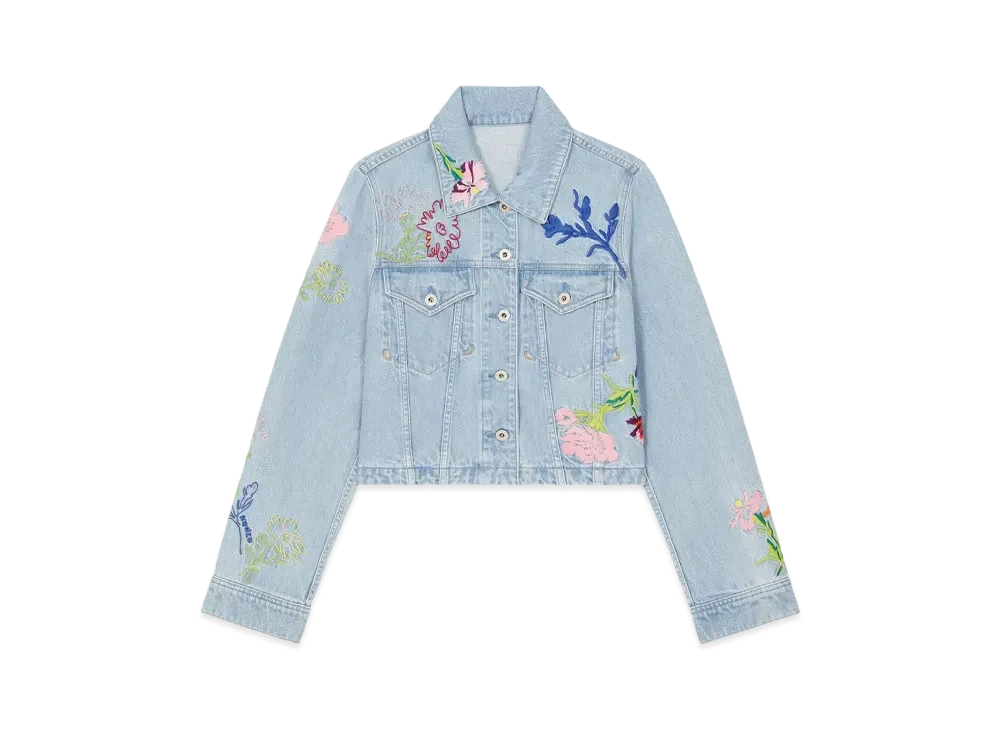 KENZO 'DRAWN FLOWERS' Embroidery Trucker Jacket "Stone Bleached Blue Denim"