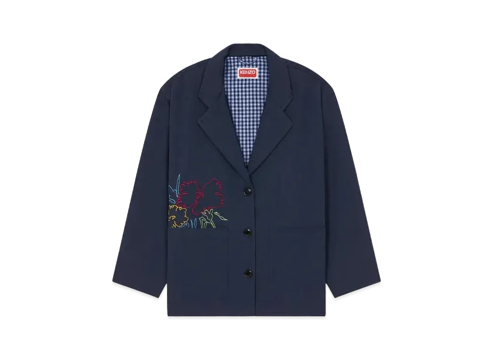 KENZO 'DRAWN FLOWERS' Embroidery Workwear Jacket "Midnight Blue"