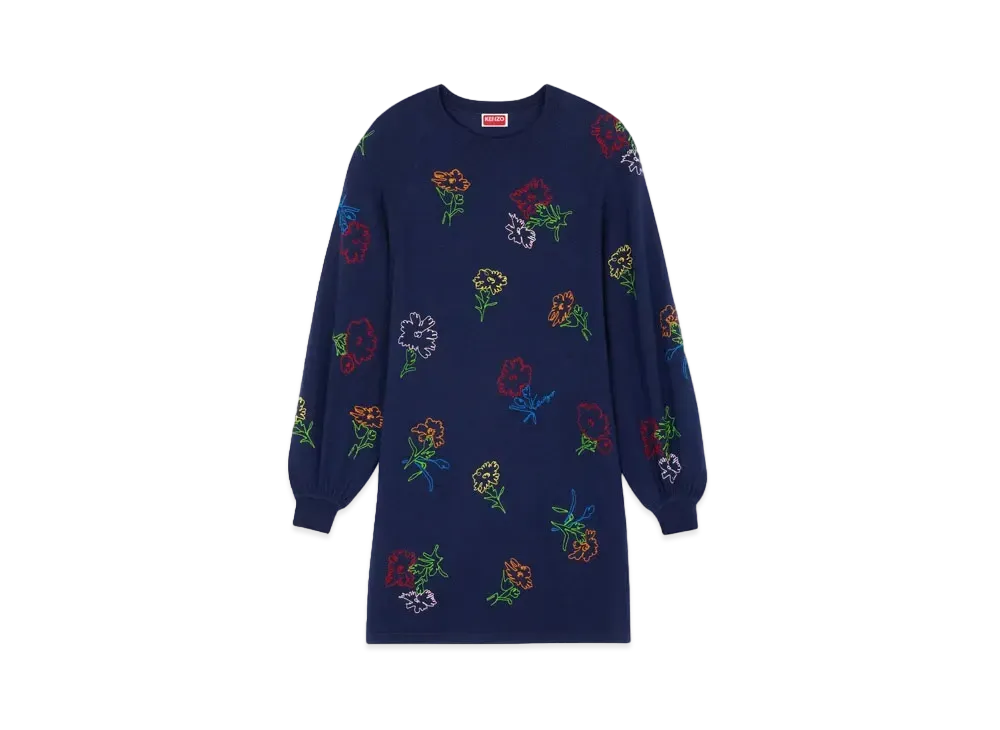 KENZO 'DRAWN FLOWERS' Embroidery Dress "Midnight Blue"