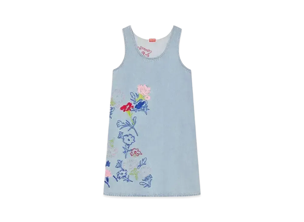 KENZO 'DRAWN FLOWERS' Sleeveless Embroidery Dress "Stone Bleached Blue Denim"