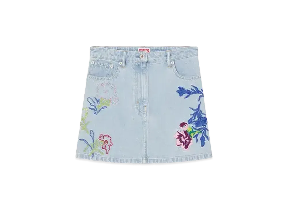 KENZO 'DRAWN FLOWERS' Embroidery Mini Skirt "Stone Bleached Blue Denim"