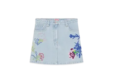 KENZO 'DRAWN FLOWERS' Embroidery Mini Skirt "Stone Bleached Blue Denim"