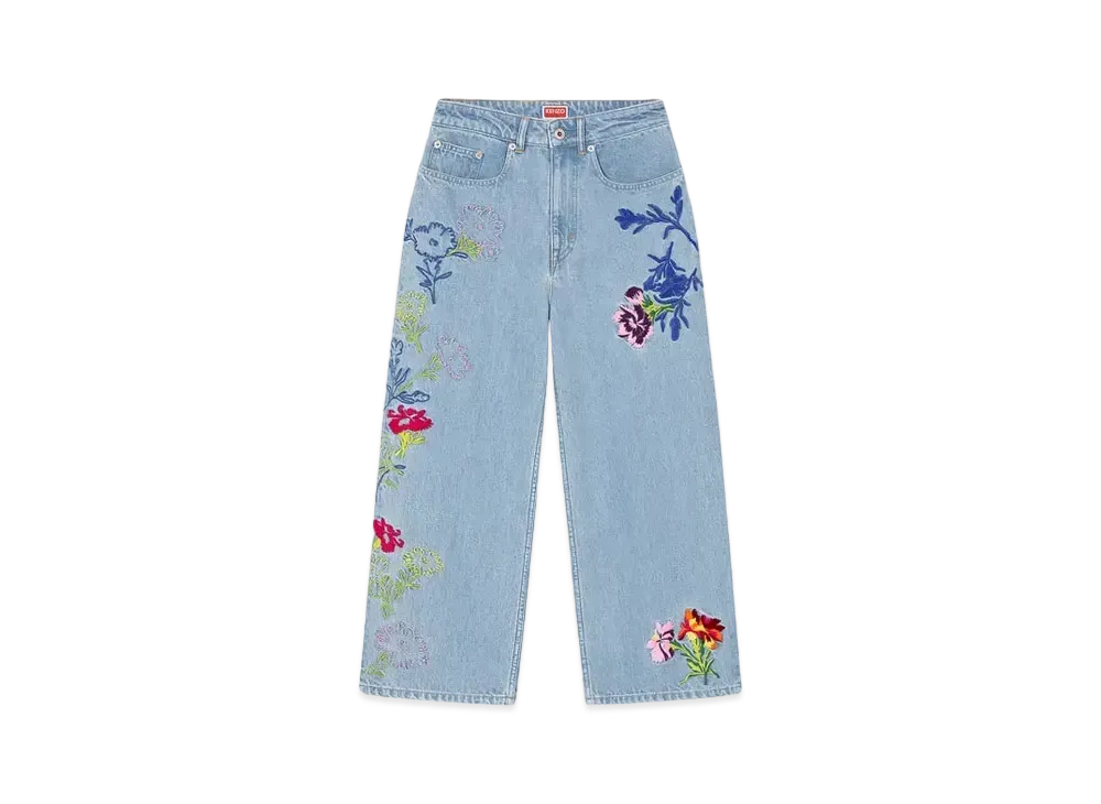 KENZO 'DRAWN FLOWERS' Embroidery Cropped Jeans SUMIRE "Stone Bleached Blue Denim"