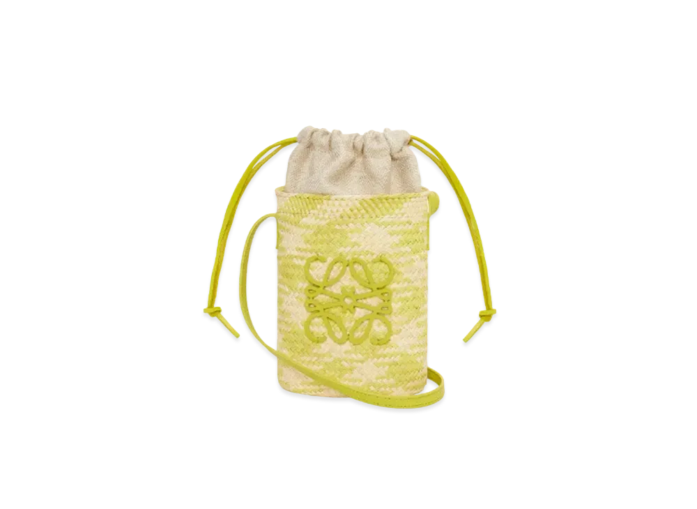 LOEWE Anagram Checks Square Pocket In Iraca Palm and Classic Calfskin "Natural/Lime Green"