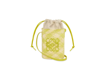 LOEWE Anagram Checks Square Pocket In Iraca Palm and Classic Calfskin "Natural/Lime Green"