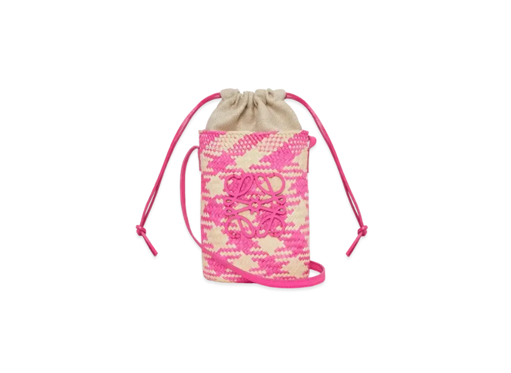 LOEWE Anagram Checks Square Pocket In Iraca Palm and Classic Calfskin "Natural/Fuchsia"