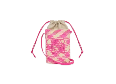 LOEWE Anagram Checks Square Pocket In Iraca Palm and Classic Calfskin "Natural/Fuchsia"