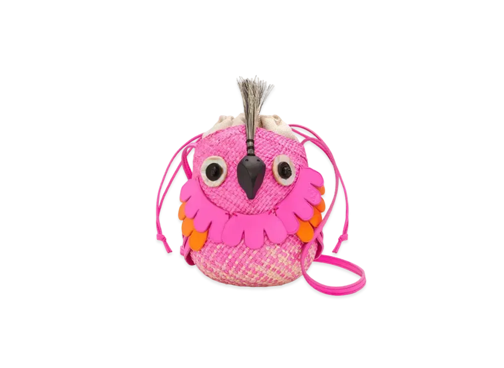 LOEWE Bird Bag In Iraca Palm and Calfskin "Natural/Fuchsia"
