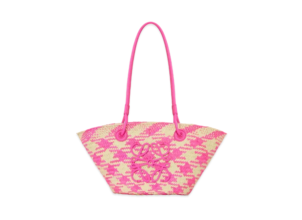 LOEWE Small Anagram Basket Bag In Iraca Palm and Calfskin "Natural/Fuchsia"