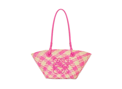 LOEWE Small Anagram Basket Bag In Iraca Palm and Calfskin "Natural/Fuchsia"