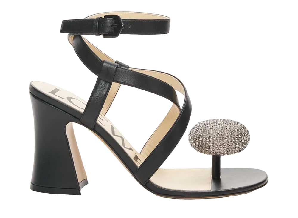 LOEWE Women's Calle Pebble Sandal In Lambskin and Rhinestones "Black"