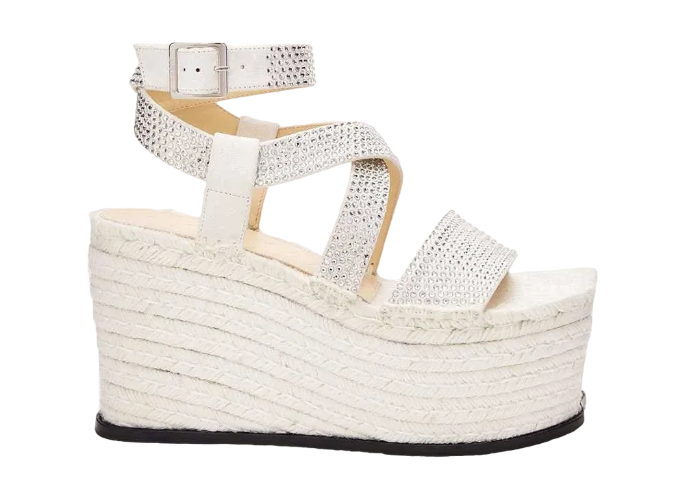 LOEWE Women's Petal Espadrille Platform In Suede Calfskin and Rhinestones "Almost Optic"