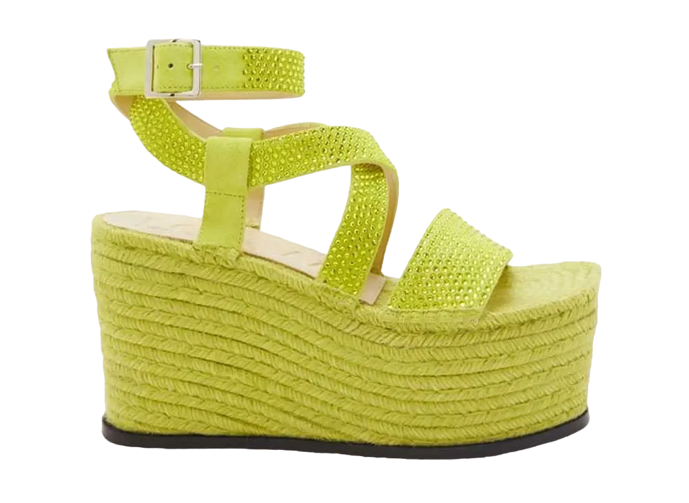 LOEWE Women's Petal Espadrille Platform In Suede Calfskin and Rhinestones "Lime"