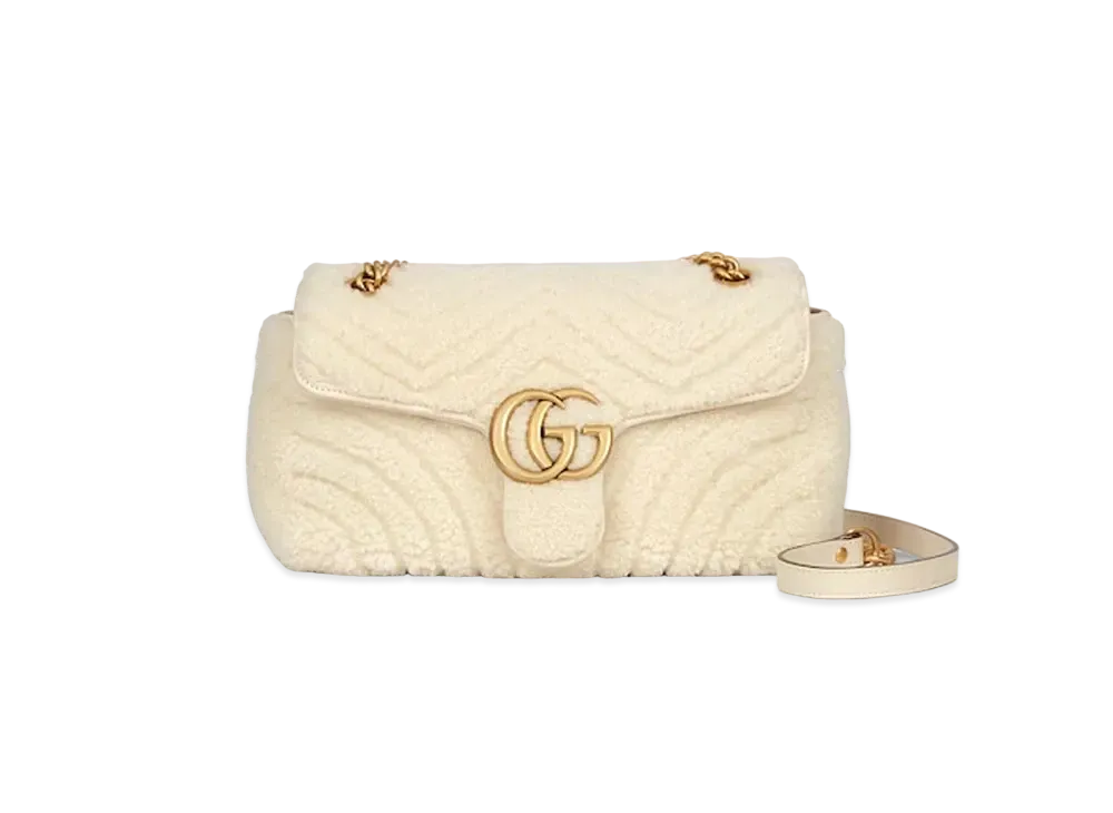 GUCCI GG Marmont Small Shoulder Bag Shearling Chevron Hardware "Off White"