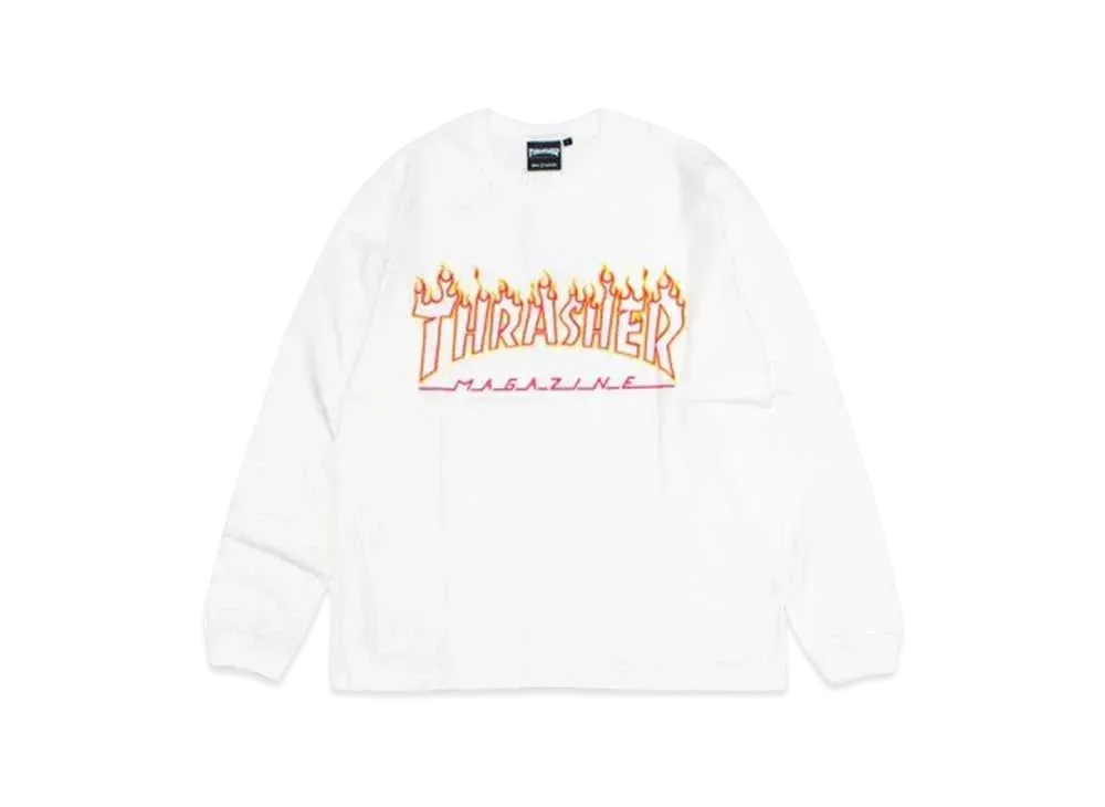 THRASHER Flame Outline US Cotton L/S Tee "White / Yellow"