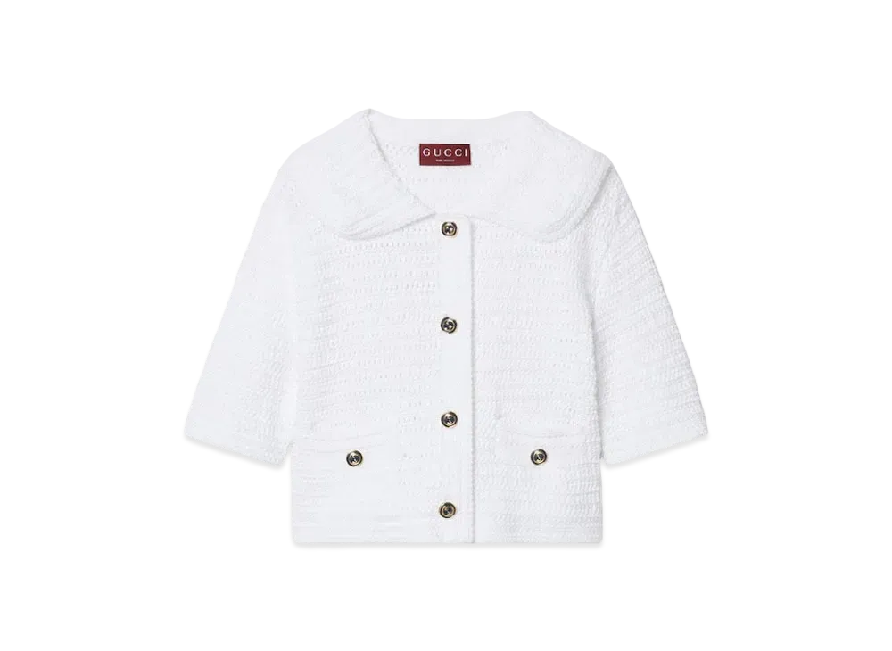 GUCCI Women's Crochet Knit Cotton Button-Up Top "Ivory"