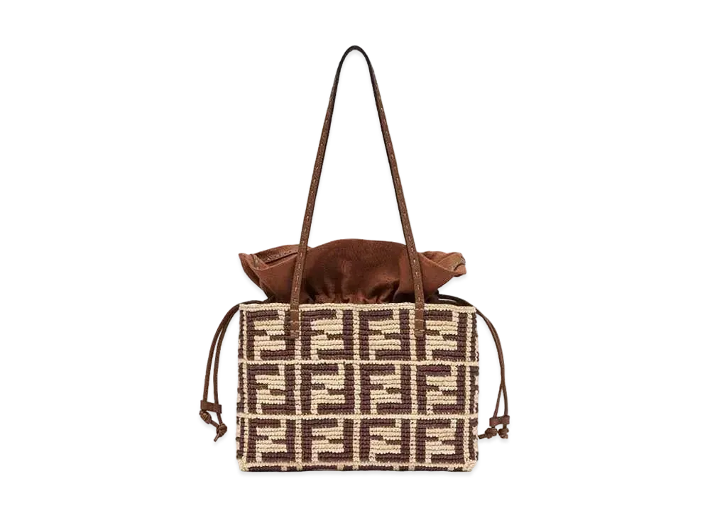 FENDI Small Roll FF Raffia Crochet Shopper with Pouch "Brown"
