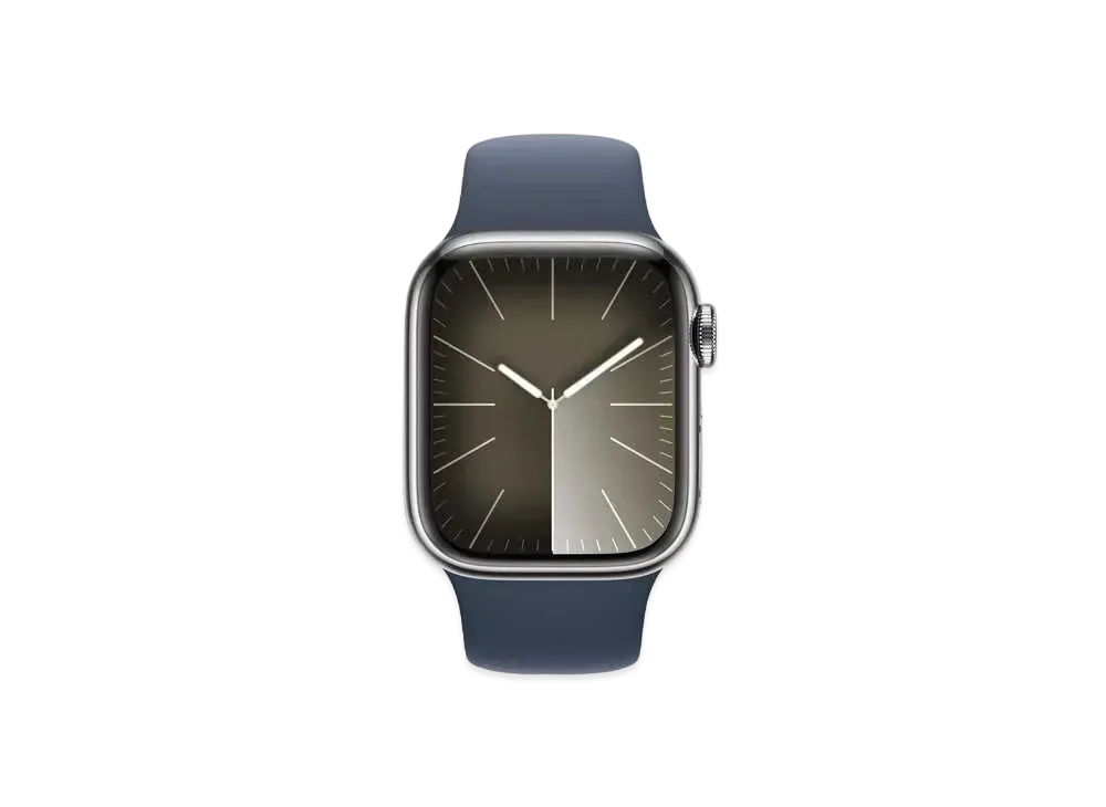 Apple Watch Series 9 (GPS + Cellular Model) 41mm Silver Stainless Steel Case Storm Blue Sportsband (M/L) Silver Stainless Steel "Blue" MRJ33J/A