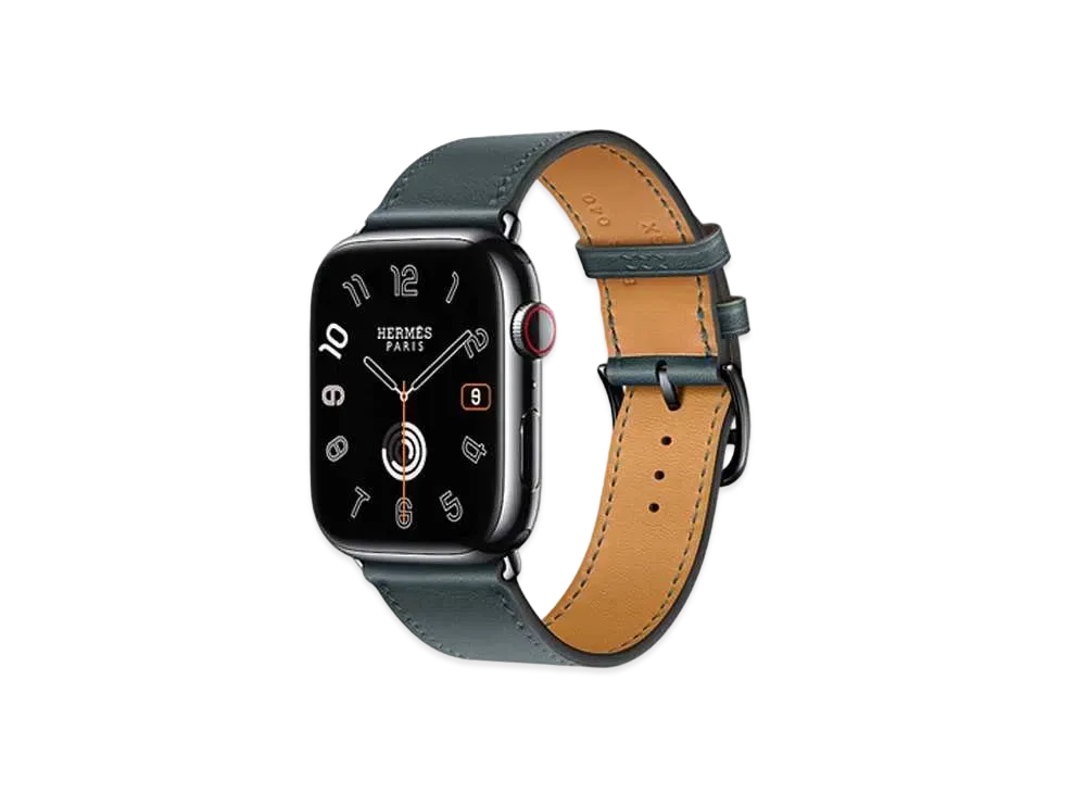 Apple Watch x Hermes Series 9 (GPS + Cellular Model) Space Black 45mm and Single Tour "Vert Cypress"