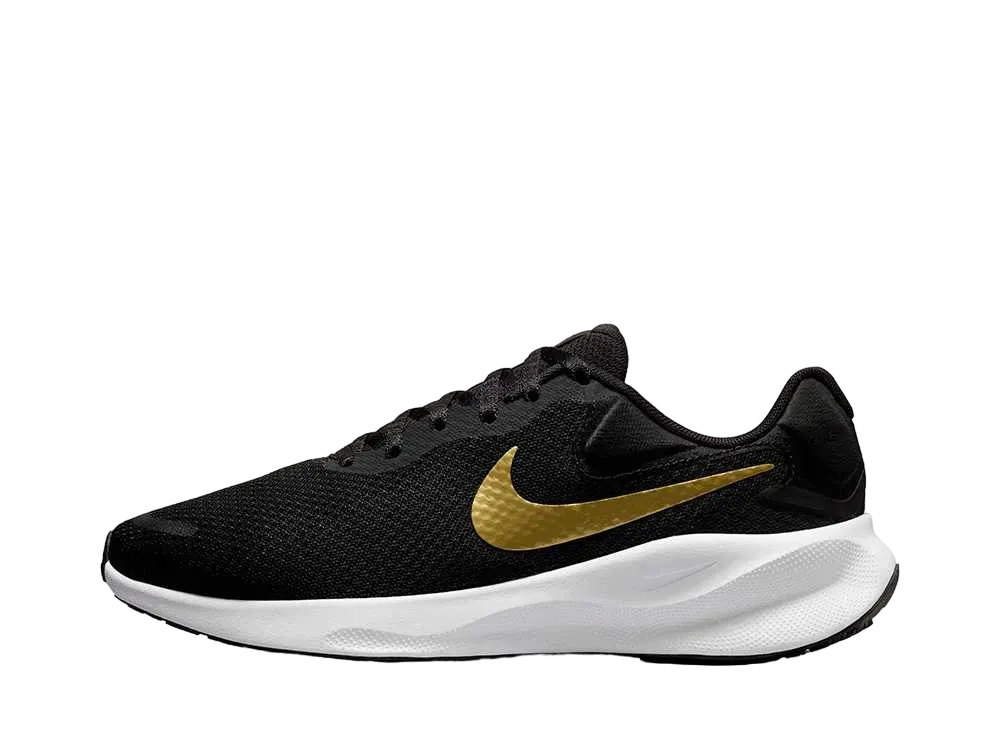 ナイキ ウィメンズ レボリューション7 "ブラック/ホワイト/メタリックゴールド" (エクストラワイド)