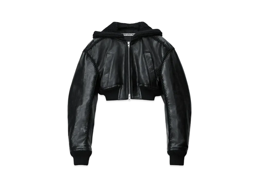 Alexander Wang Crochet Hood Leather Bomber Jacket "Black"