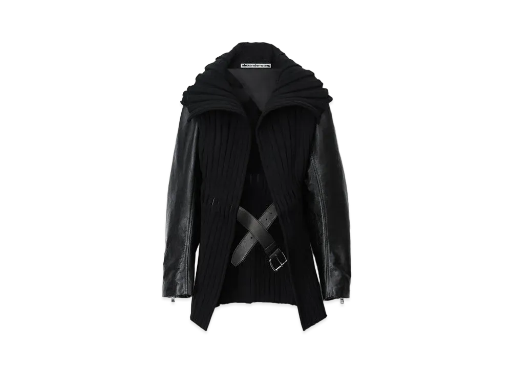 Alexander Wang Emboss Logo Knit Moto Sleeve Belted Coat "Black"