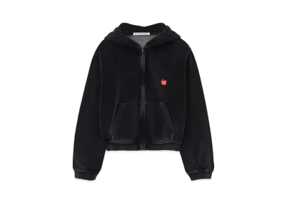 Alexander Wang Apple Logo Velor Shrunken Zip-Up Hoodie "Black"