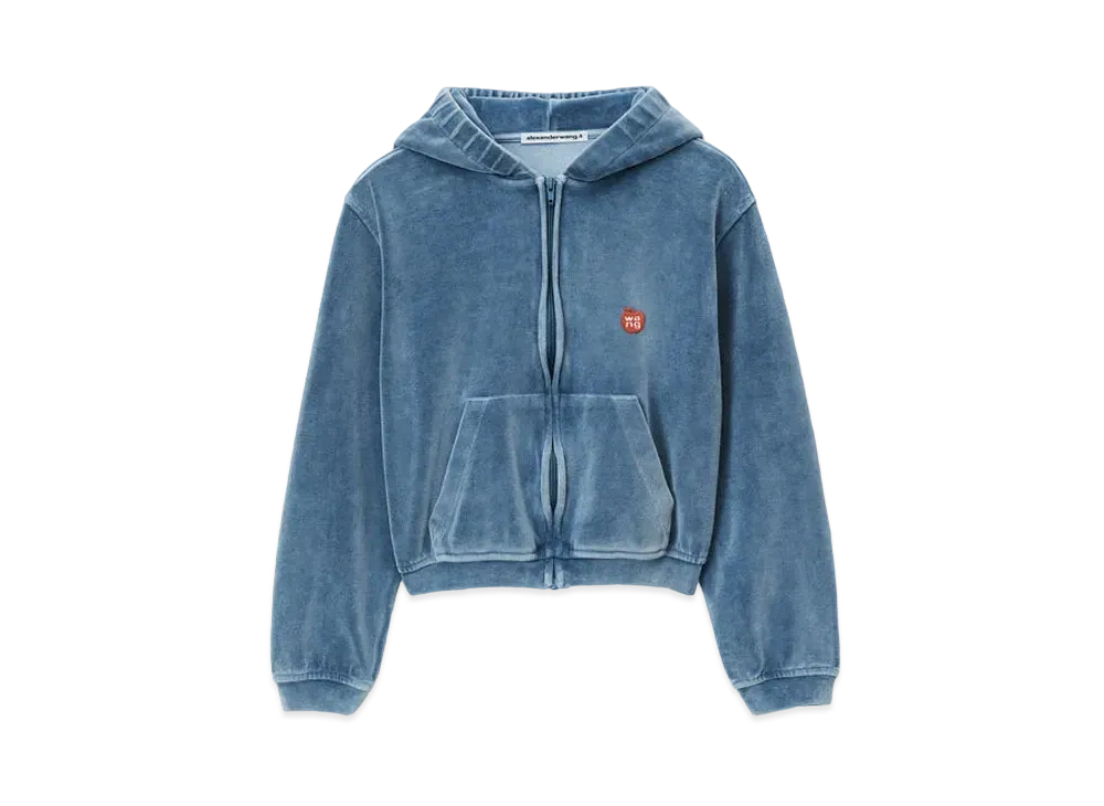 Alexander Wang Apple Logo Velor Shrunken Zip-Up Hoodie "Washed Blue Stone"
