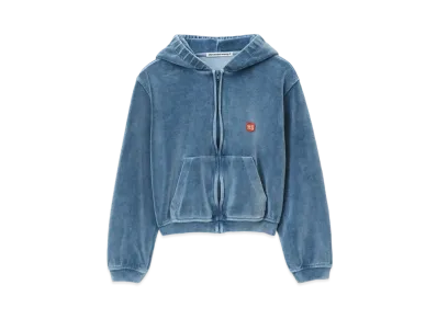 Alexander Wang Apple Logo Velor Shrunken Zip-Up Hoodie "Washed Blue Stone"