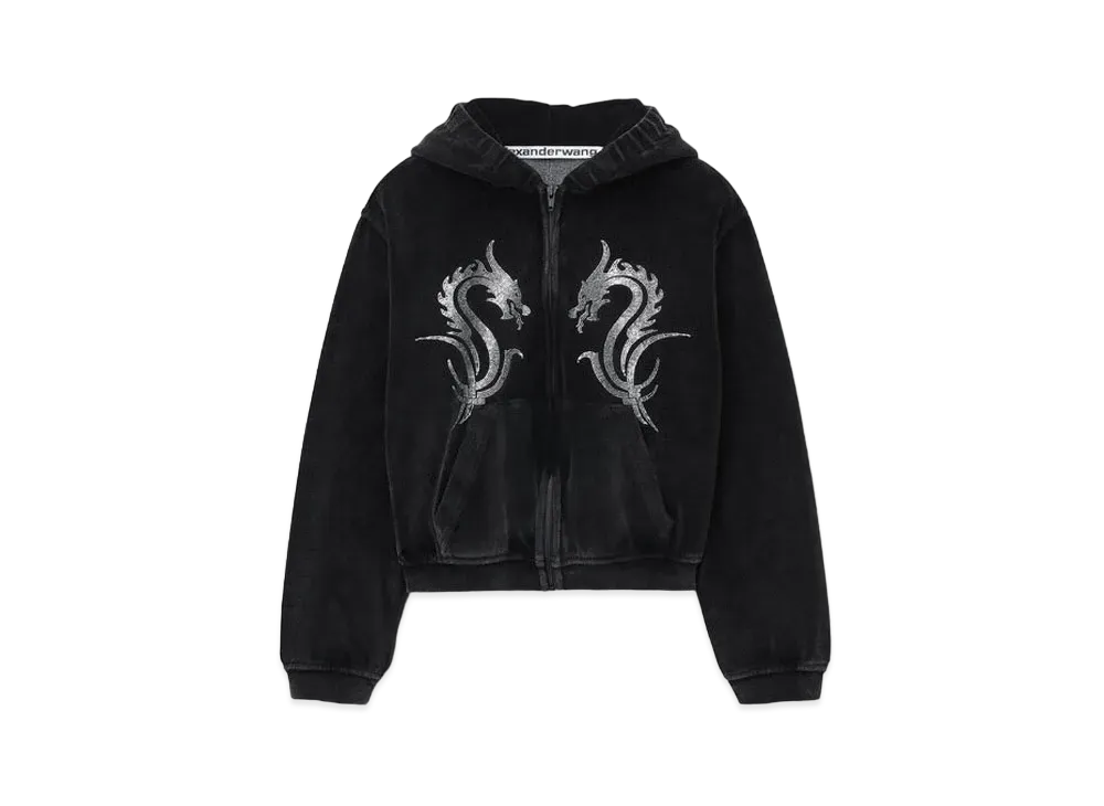 Alexander Wang Dragon Crystal Hotfix Velor Shrunken Zip-Up Hoodie "Black"