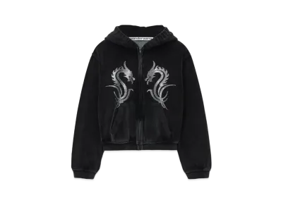 Alexander Wang Dragon Crystal Hotfix Velor Shrunken Zip-Up Hoodie "Black"