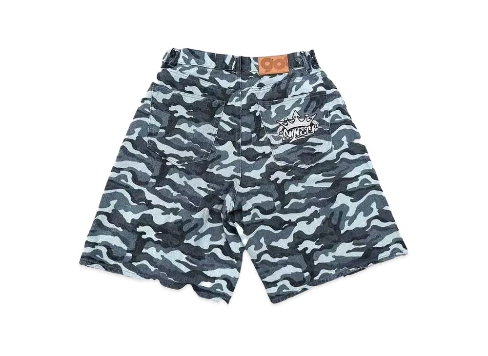 9090 Studs Double Knee Shorts "BLACK CAMO"