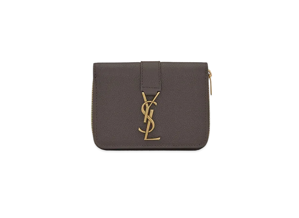 Saint Laurent Ysl Line Compact Zippered Wallet In Grained Leather "Pebble"