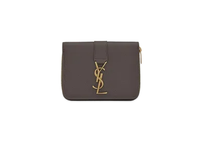 Saint Laurent Ysl Line Compact Zippered Wallet In Grained Leather "Pebble"