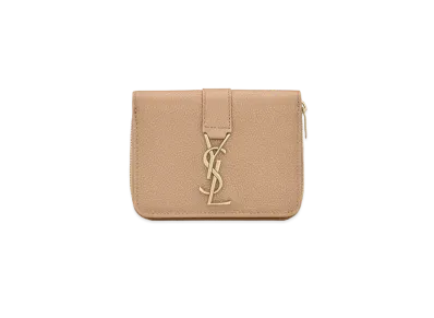 Saint Laurent Ysl Line Compact Zippered Wallet In Grained Leather "Dark Beige"