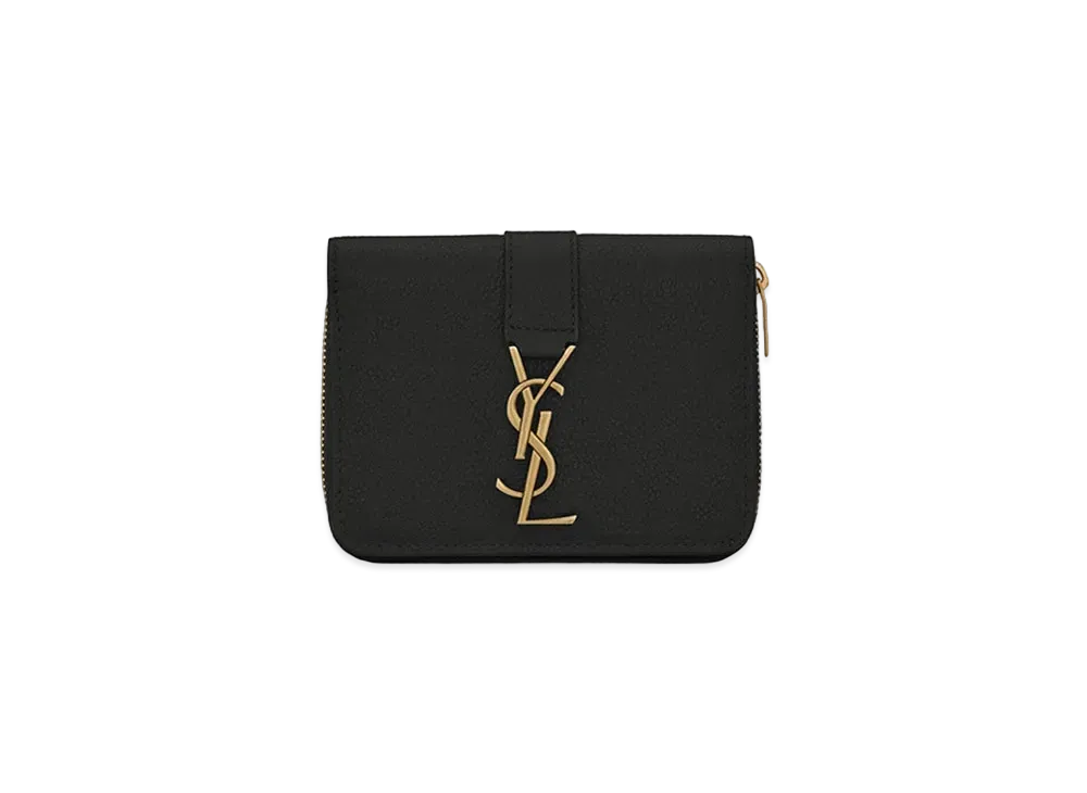 Saint Laurent Ysl Line Compact Zippered Wallet In Grained Leather "Black"