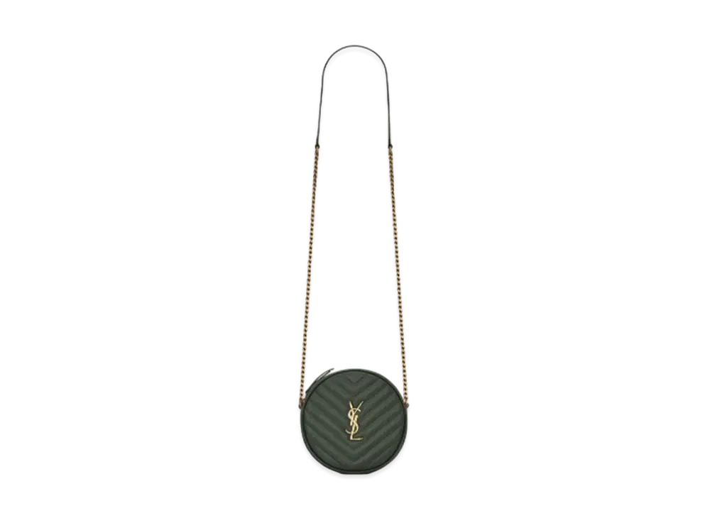 Saint Laurent Vinyle Round Camera Bag In Chevron-Quilted Grain De Poudre Embossed Leather "Dark Green"