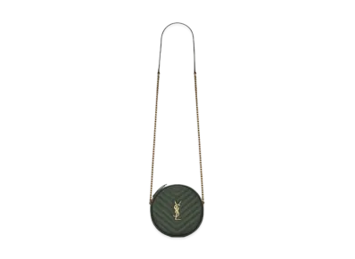 Saint Laurent Vinyle Round Camera Bag In Chevron-Quilted Grain De Poudre Embossed Leather "Dark Green"
