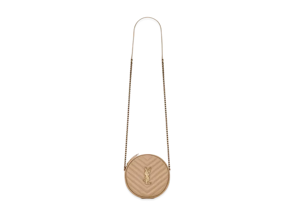 Saint Laurent Vinyle Round Camera Bag In Chevron-Quilted Grain De Poudre Embossed Leather "Dark Beige"