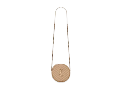 Saint Laurent Vinyle Round Camera Bag In Chevron-Quilted Grain De Poudre Embossed Leather "Dark Beige"