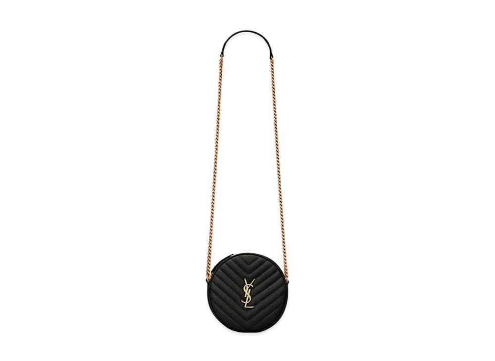 Saint Laurent Vinyle Round Camera Bag In Chevron-Quilted Grain De Poudre Embossed Leather "Black"
