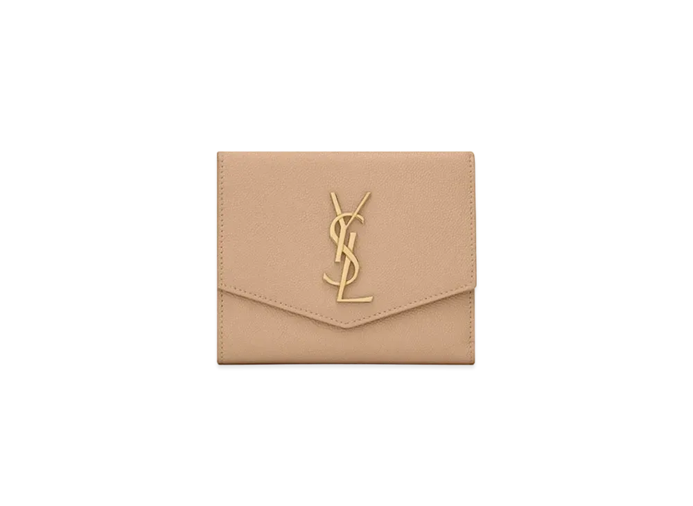 Saint Laurent Uptown Compact Wallet In Grain De Poudre Embossed Leather "Dark Beige"