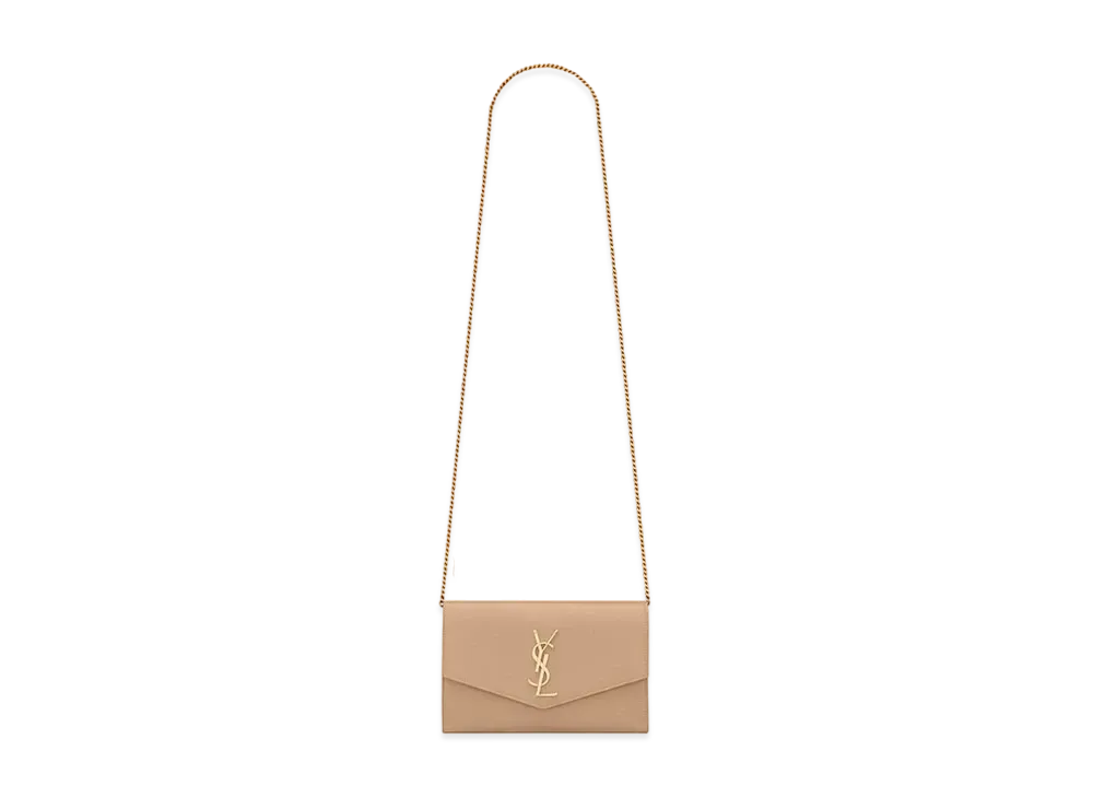 Saint Laurent Uptown Chain Wallet In Grain De Poudre Embossed Leather "Dark Beige"