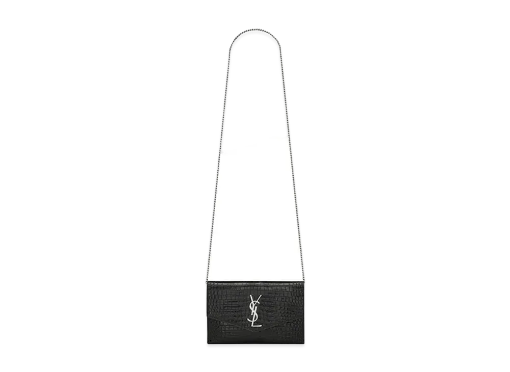 Saint Laurent Uptown Chain Wallet In Crocodile-Embossed Shiny Leather "Black"
