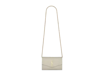 Saint Laurent Uptown Chain Wallet In Crocodile-Embossed Shiny Leather "Vintage White"
