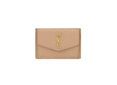 Saint Laurent Uptown Card Case In Grain De Poudre Embossed Leather "Dark Beige"