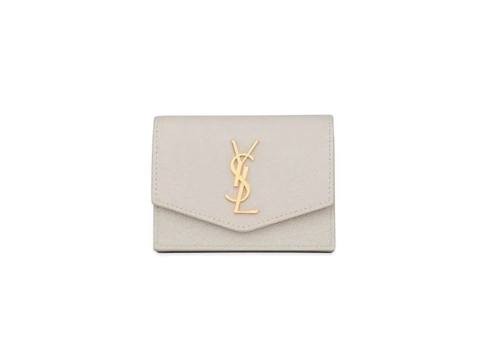 Saint Laurent Uptown Business-Card Case In Grain De Poudre Embossed Leather "Vintage White"