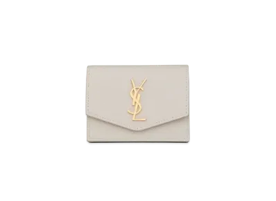 Saint Laurent Uptown Business-Card Case In Grain De Poudre Embossed Leather "Vintage White"
