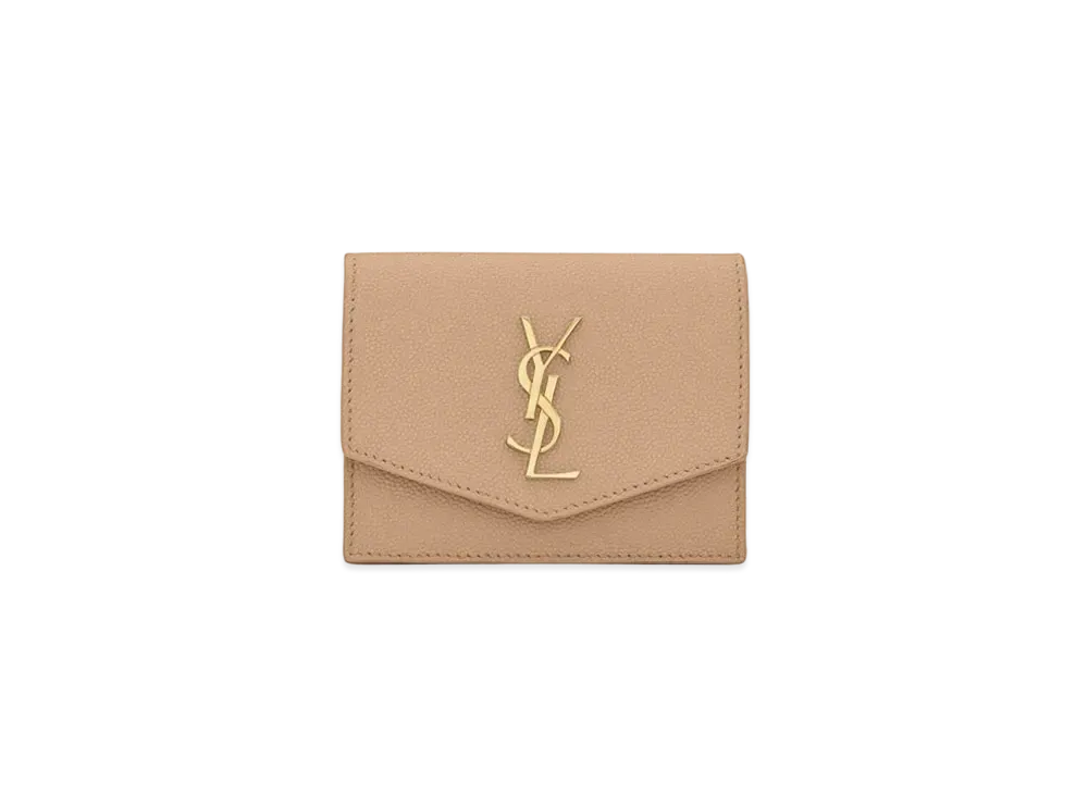 Saint Laurent Uptown Business-Card Case In Grain De Poudre Embossed Leather "Dark Beige"